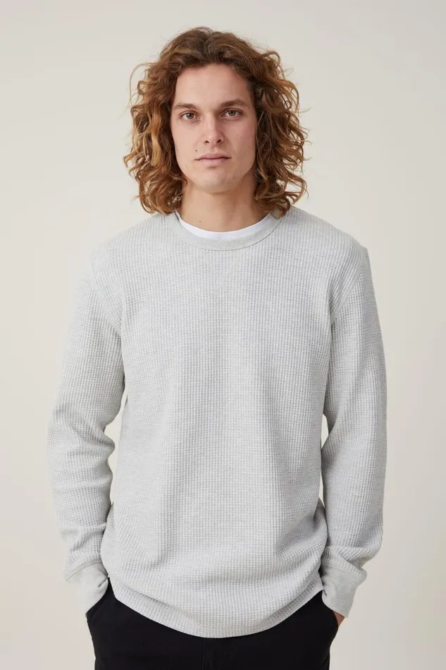 Cotton On Tees and Tanks Chunky Waffle Long Sleeve Tshirt Grey Marle Waffle 8211 Men