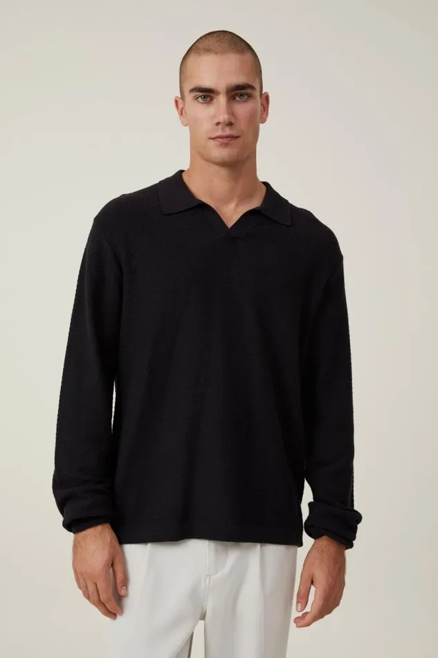 Cotton On Tees and Tanks Jimmy Long Sleeve Polo Black 8211 Men
