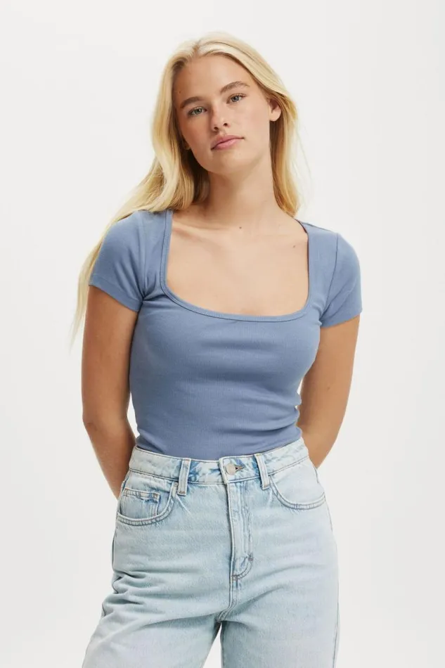 Cotton On Tops Byron Square Neck Short Sleeve Elemental Blue 8211 Women