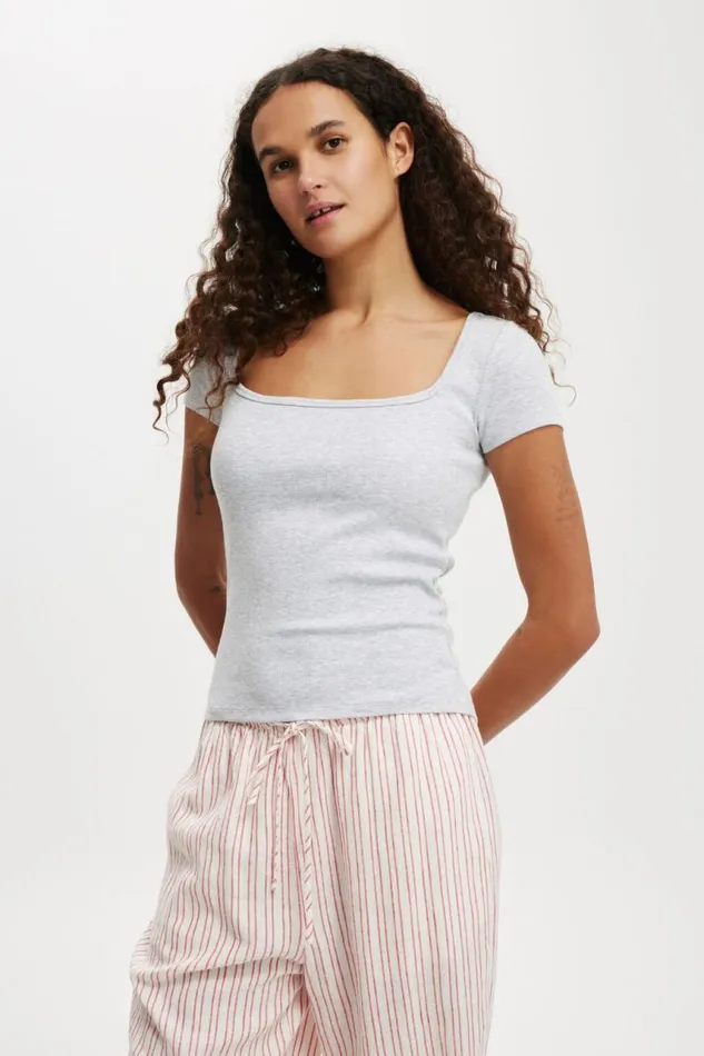 Cotton On Tops Byron Square Neck Short Sleeve Grey Marle 8211 Women
