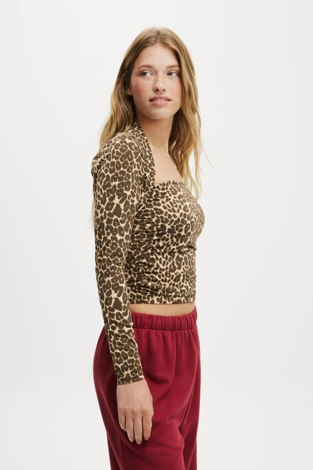 Cotton On Tops Ever Smooth Rouched Long Sleeve Top Kate Leopard 8211 Women