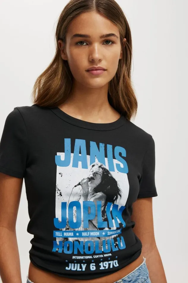 Cotton On Tops Fitted Lcn Graphic Longline Tee Lcn Per Janis Joplin Washed Black 8211 Women Cotton On Tops Fitted Lcn Graphic Longline Tee Lcn Per Janis Joplin Washed Black 8211 Women