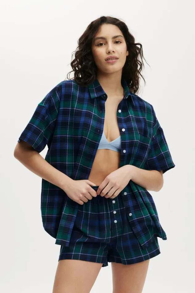 Cotton On Tops Flannel Boyfriend Short Sleeve Shirt Silvie Check Green 8211 Women