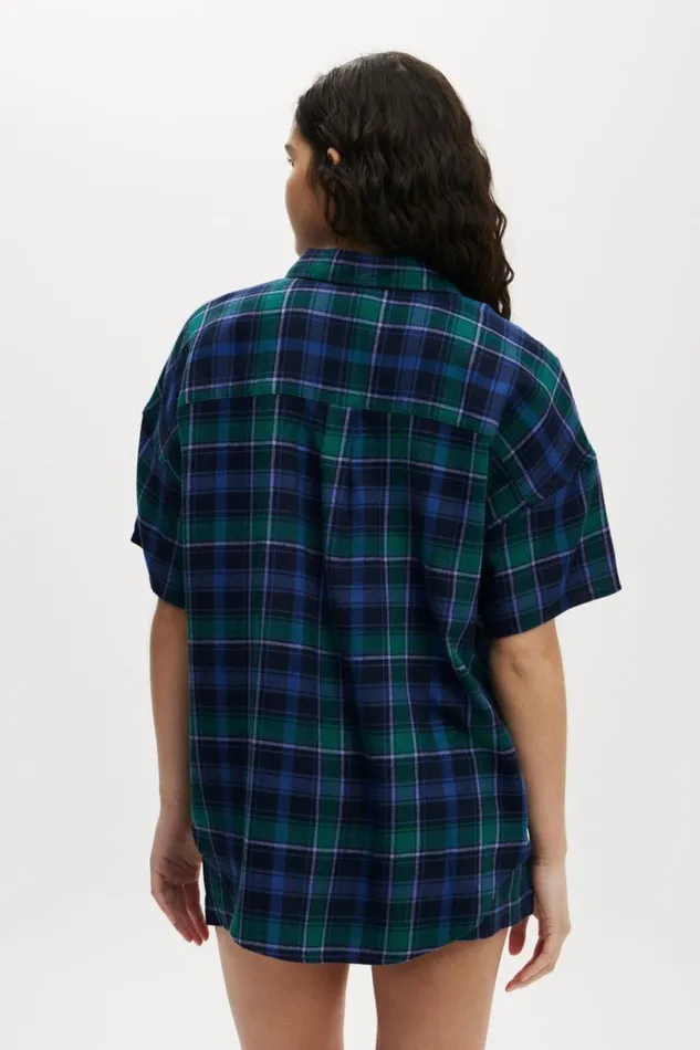 Cotton On Tops Flannel Boyfriend Short Sleeve Shirt Silvie Check Green 8211 Women