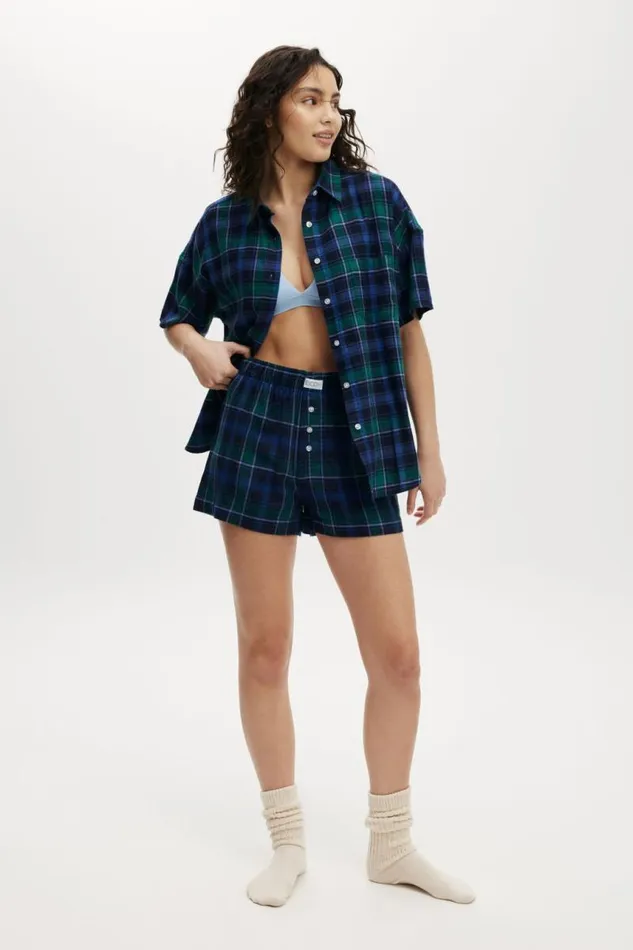 Cotton On Tops Flannel Boyfriend Short Sleeve Shirt Silvie Check Green 8211 Women