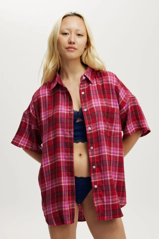 Cotton On Tops Flannel Boyfriend Short Sleeve Shirt Silvie Check Pink 8211 Women