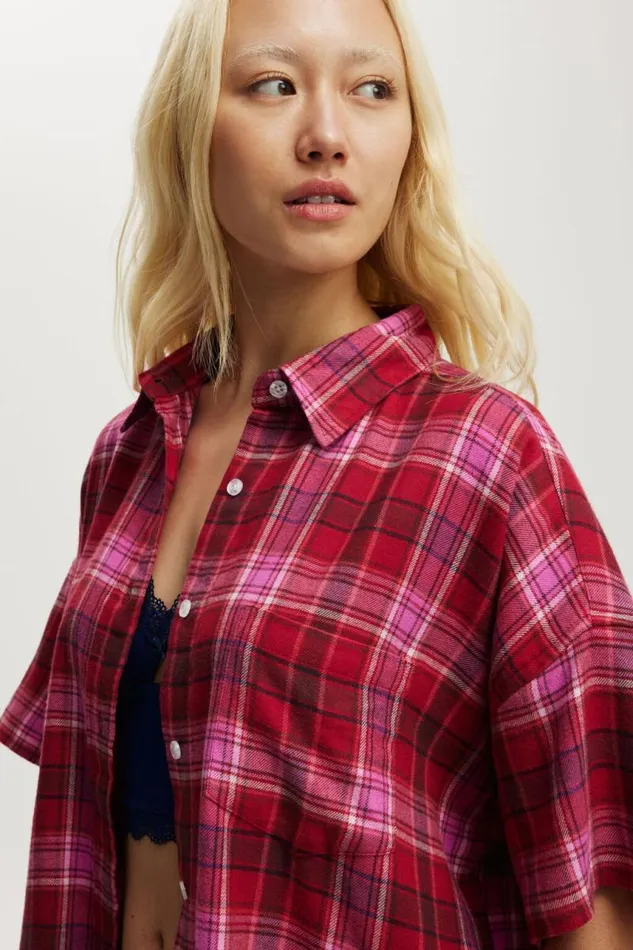 Cotton On Tops Flannel Boyfriend Short Sleeve Shirt Silvie Check Pink 8211 Women Cotton On Tops Flannel Boyfriend Short Sleeve Shirt Silvie Check Pink 8211 Women