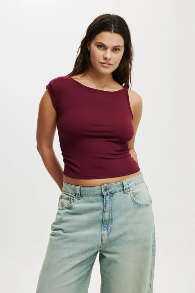 Cotton On Tops Marlow Knot Shoulder Short Sleeve Top Sangria 8211 Women
