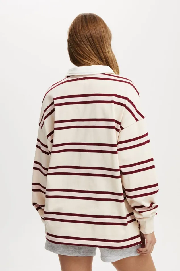 Cotton On Tops Oversized Long Sleeve Polo Cream Stripe 8211 Women