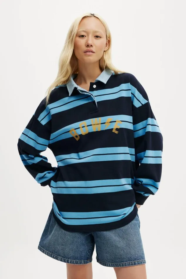 Cotton On Tops Oversized Long Sleeve Polo Lcn Per Bowie Blue Bouy Stripe 8211 Women