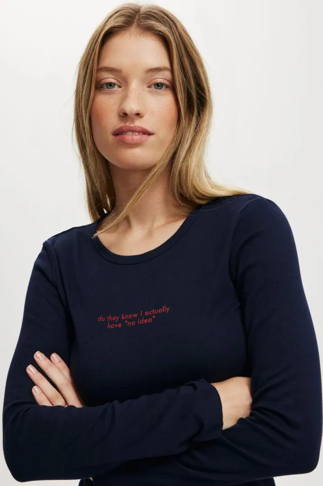 Cotton On Tops Rib Longsleeve Graphic Tee No Idea winter Night 8211 Women Cotton On Tops Rib Longsleeve Graphic Tee No Idea winter Night 8211 Women