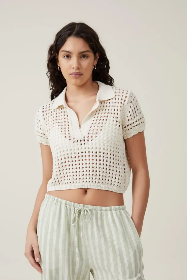 Cotton On Tops Seaspray Polo Short Sleeve Pullover Ecru 8211 Women