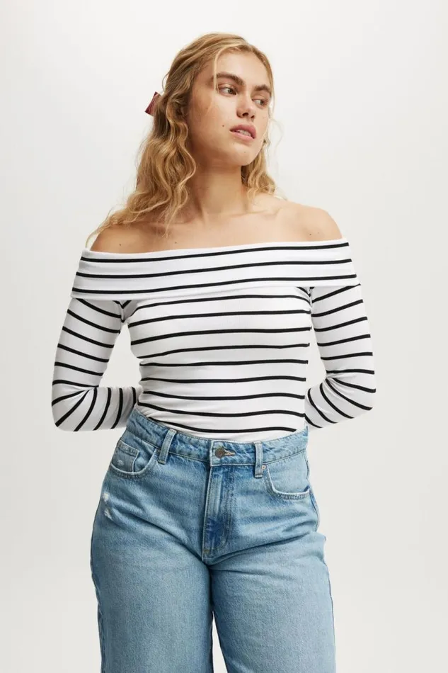 Cotton On Tops Staple Rib Off Shoulder Long Sleeve Top Remi Stripe Whiteblack 8211 Women