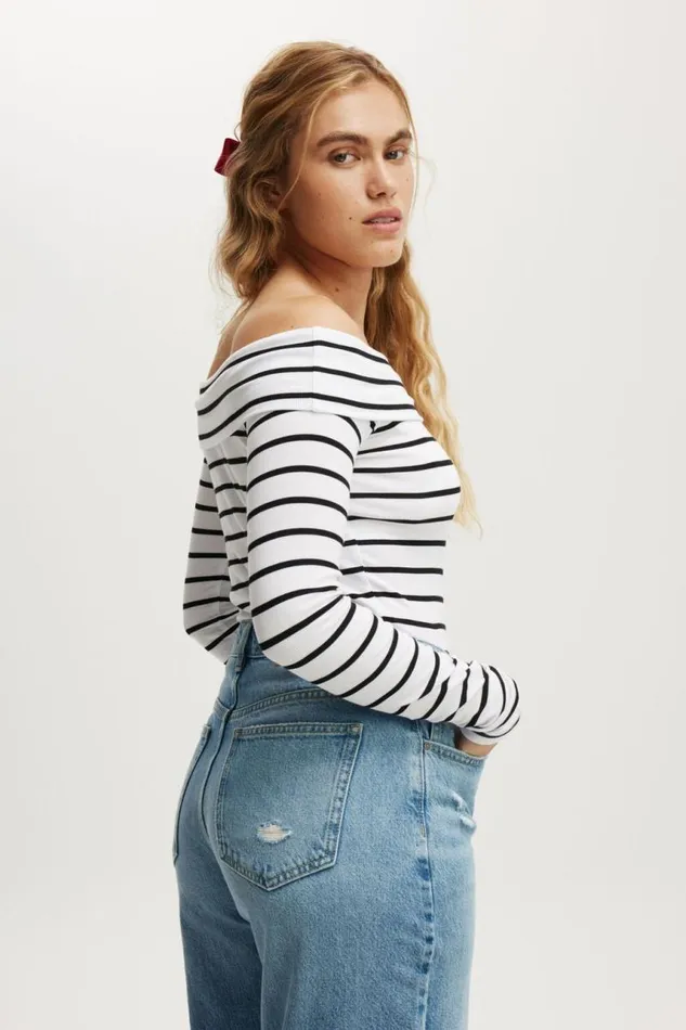 Cotton On Tops Staple Rib Off Shoulder Long Sleeve Top Remi Stripe Whiteblack 8211 Women Cotton On Tops Staple Rib Off Shoulder Long Sleeve Top Remi Stripe Whiteblack 8211 Women