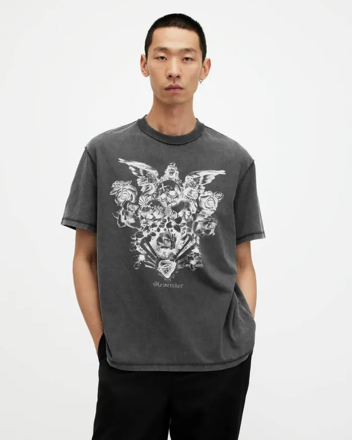 Covenant Gothic Printed Crew Neck TShirt Washed Black Men AllSaints TShirts