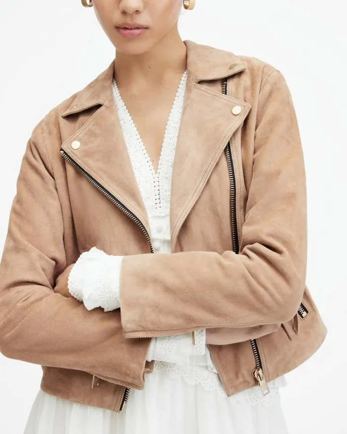 Dalby Slim Fit Suede Biker Jacket Pale Tan Brown Women AllSaints Leather Jackets Dalby Slim Fit Suede Biker Jacket Pale Tan Brown Women AllSaints Leather Jackets