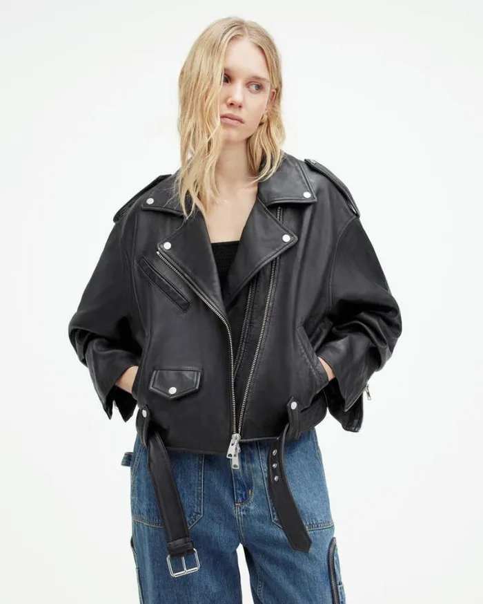 Dayle Oversized Leather Biker Jacket Black Women AllSaints Leather Jackets