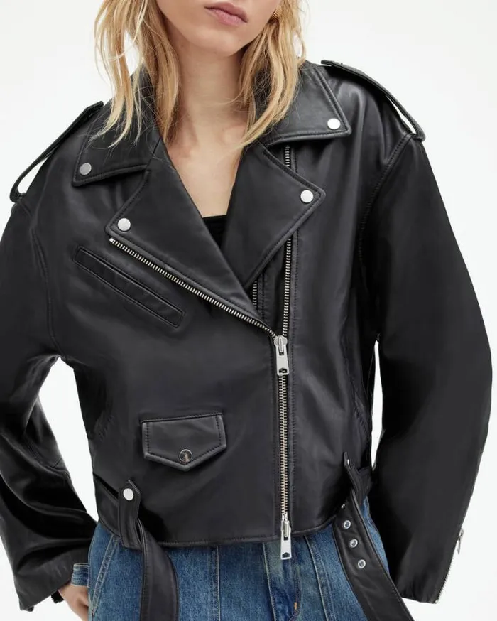 Dayle Oversized Leather Biker Jacket Black Women AllSaints Leather Jackets
