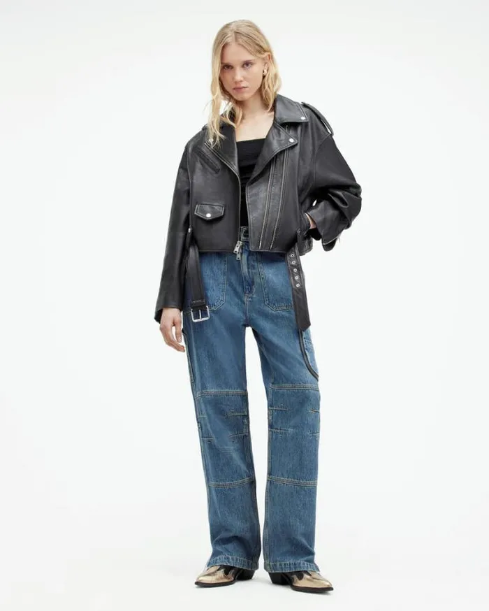 Dayle Oversized Leather Biker Jacket Black Women AllSaints Leather Jackets