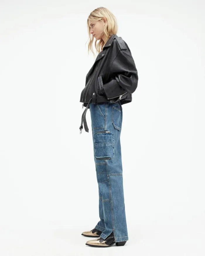 Dayle Oversized Leather Biker Jacket Black Women AllSaints Leather Jackets