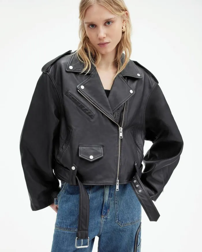 Dayle Oversized Leather Biker Jacket Black Women AllSaints Leather Jackets