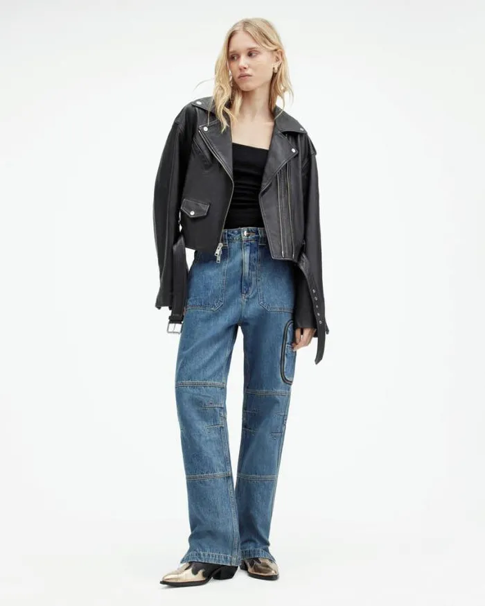 Dayle Oversized Leather Biker Jacket Black Women AllSaints Leather Jackets