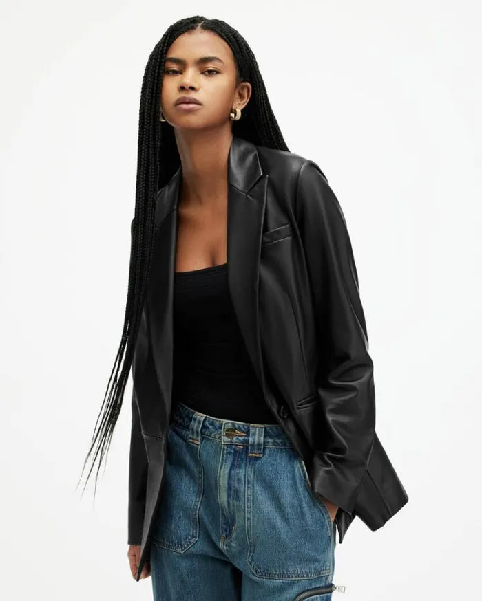 Deri Single Breasted Leather Blazer Black Women AllSaints Jackets and Coats