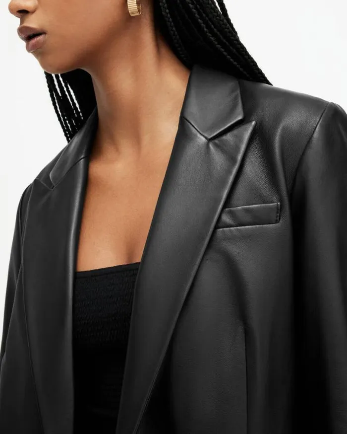 Deri Single Breasted Leather Blazer Black Women AllSaints Jackets and Coats
