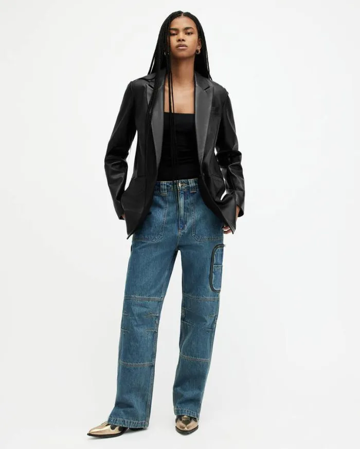 Deri Single Breasted Leather Blazer Black Women AllSaints Jackets and Coats