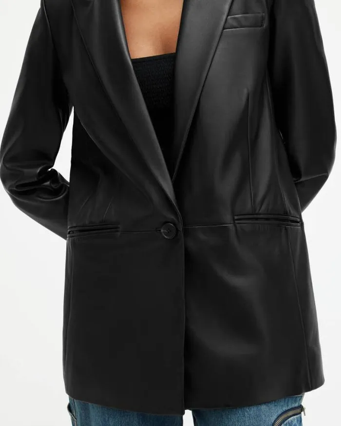 Deri Single Breasted Leather Blazer Black Women AllSaints Jackets and Coats