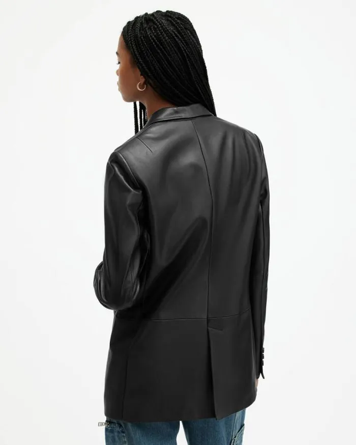 Deri Single Breasted Leather Blazer Black Women AllSaints Jackets and Coats