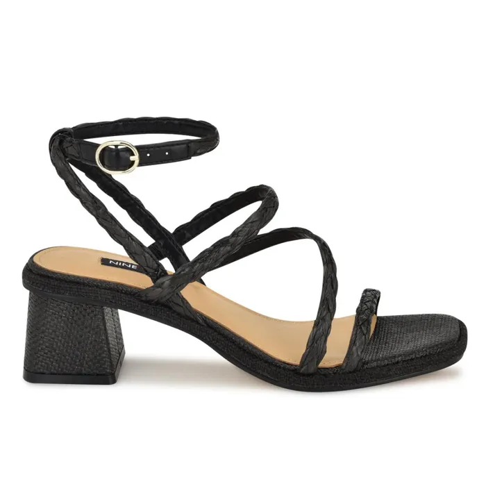 Emolly Raffia Block Heel Sandals Black Raffia Women Nine West Low Heel
