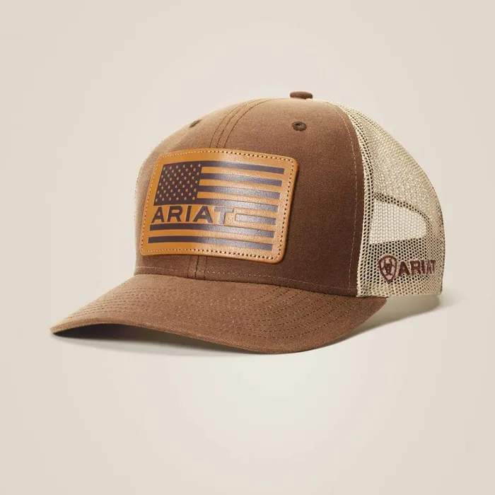 Flag Patch Mesh Snap Back Cap Brown Men Ariat Hats and Caps