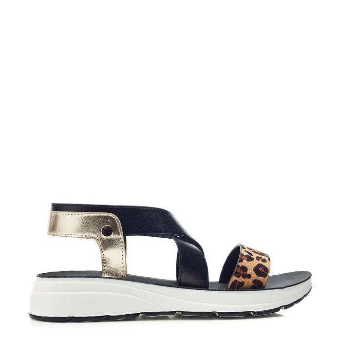 Flatform Sandals Women Moda In Pelle Rosanne Black Mini Leop Print Porvair