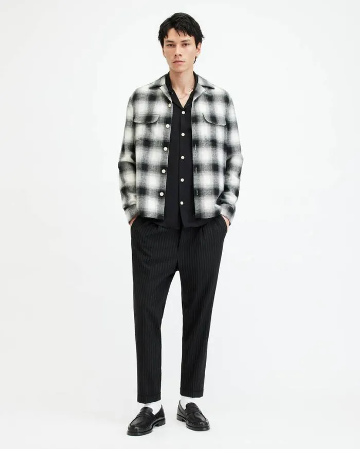 Fortunado Long Sleeve Check Embroidered Shirt Oatmeal Whtjt Blk Men AllSaints Shirts Fortunado Long Sleeve Check Embroidered Shirt Oatmeal Whtjt Blk Men AllSaints Shirts