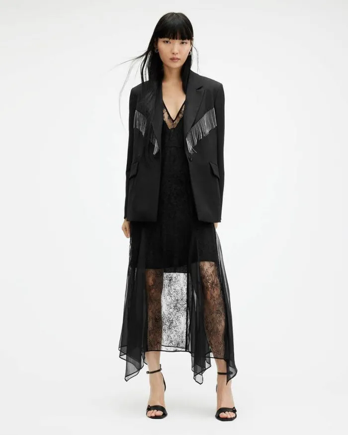 Franky Tassel Chain Single Breasted Blazer Black Women AllSaints Jackets and Coats