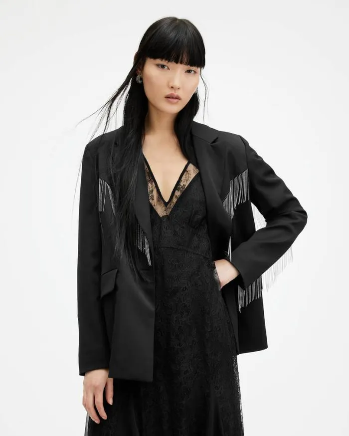 Franky Tassel Chain Single Breasted Blazer Black Women AllSaints Jackets and Coats Franky Tassel Chain Single Breasted Blazer Black Women AllSaints Jackets and Coats