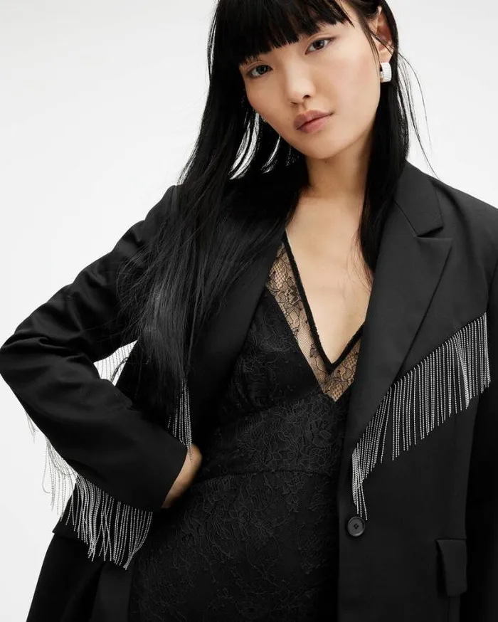 Franky Tassel Chain Single Breasted Blazer Black Women AllSaints Jackets and Coats Franky Tassel Chain Single Breasted Blazer Black Women AllSaints Jackets and Coats