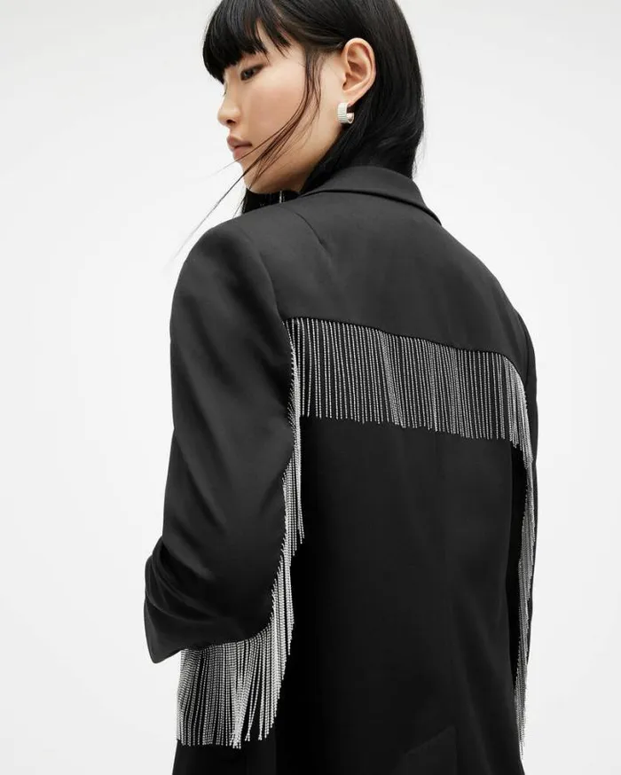 Franky Tassel Chain Single Breasted Blazer Black Women AllSaints Jackets and Coats Franky Tassel Chain Single Breasted Blazer Black Women AllSaints Jackets and Coats