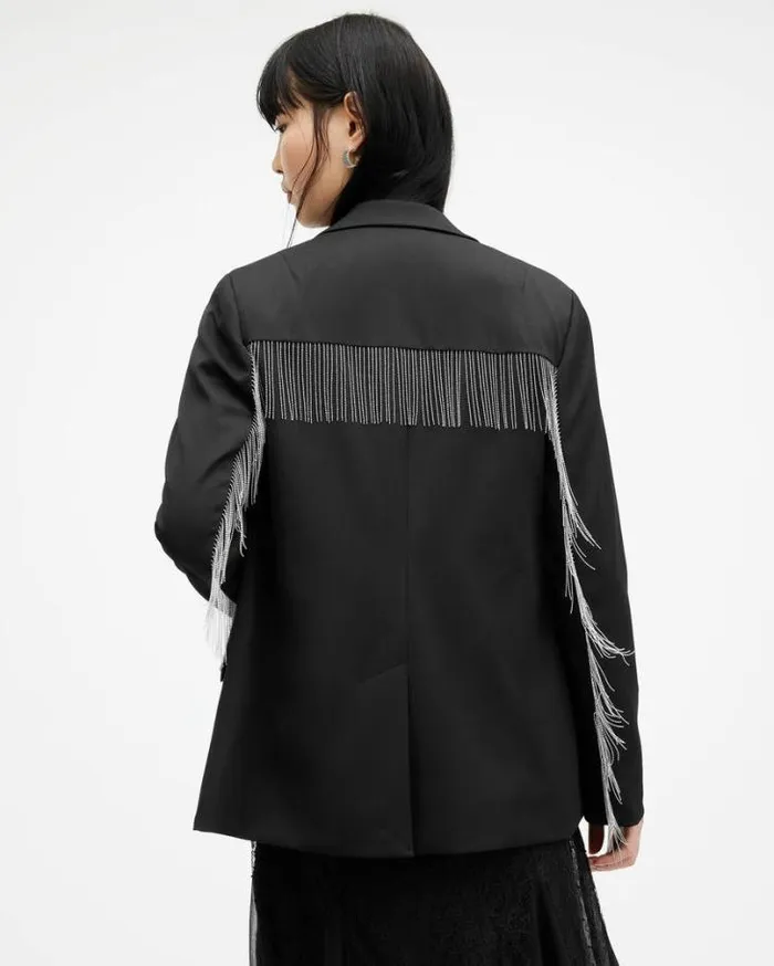 Franky Tassel Chain Single Breasted Blazer Black Women AllSaints Jackets and Coats Franky Tassel Chain Single Breasted Blazer Black Women AllSaints Jackets and Coats