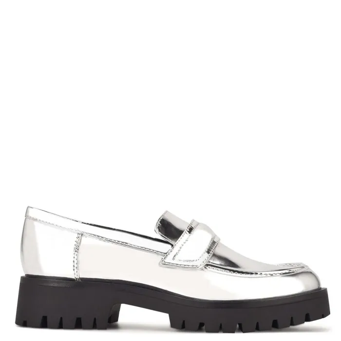 Garren Lug Sole Loafers Silver Women Nine West Loafers and Tailored Flats