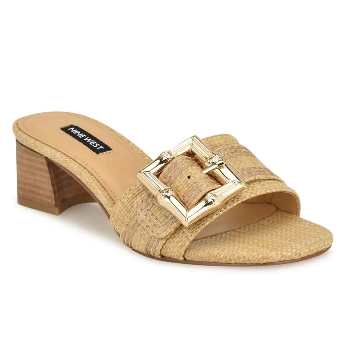 Garta Buckle Slide Sandals Light Natural Raffia Women Nine West Heeled Garta Buckle Slide Sandals Light Natural Raffia Women Nine West Heeled