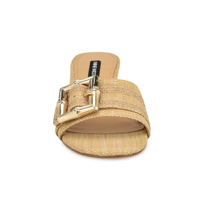 Garta Buckle Slide Sandals Light Natural Raffia Women Nine West Heeled Garta Buckle Slide Sandals Light Natural Raffia Women Nine West Heeled