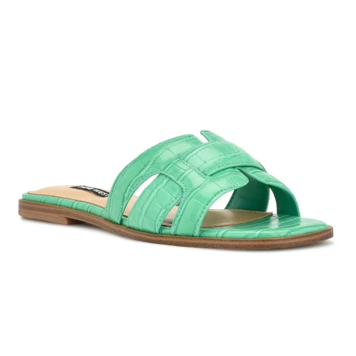Germani Flat Slide Sandals Green Croco Women Nine West Sandals Germani Flat Slide Sandals Green Croco Women Nine West Sandals