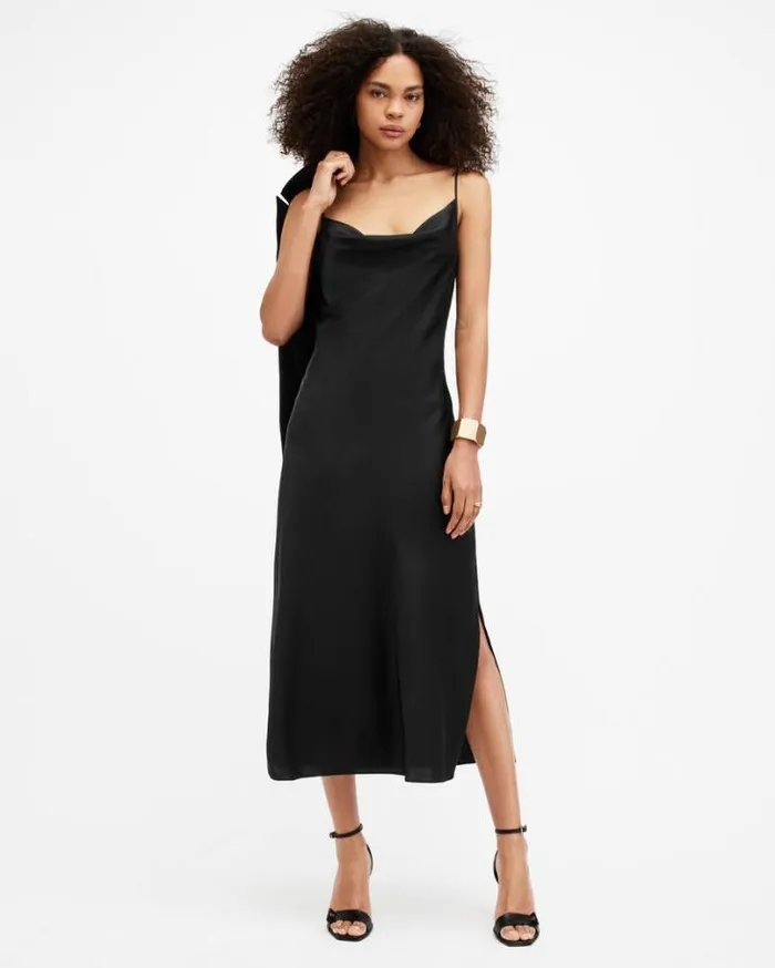 Hadley Cowl Neck Midi Slip Dress Black Women AllSaints Dresses