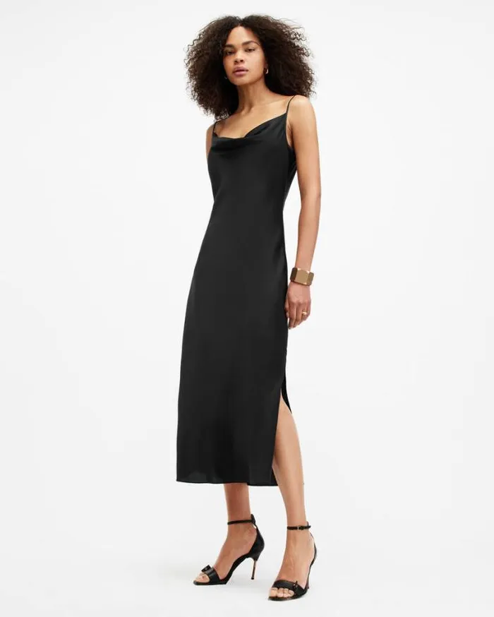 Hadley Cowl Neck Midi Slip Dress Black Women AllSaints Dresses