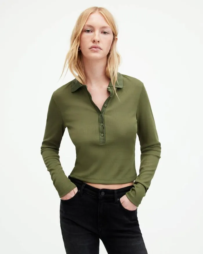 Hallie Long Sleeve Ribbed Polo Shirt Grass Green Women AllSaints TShirts