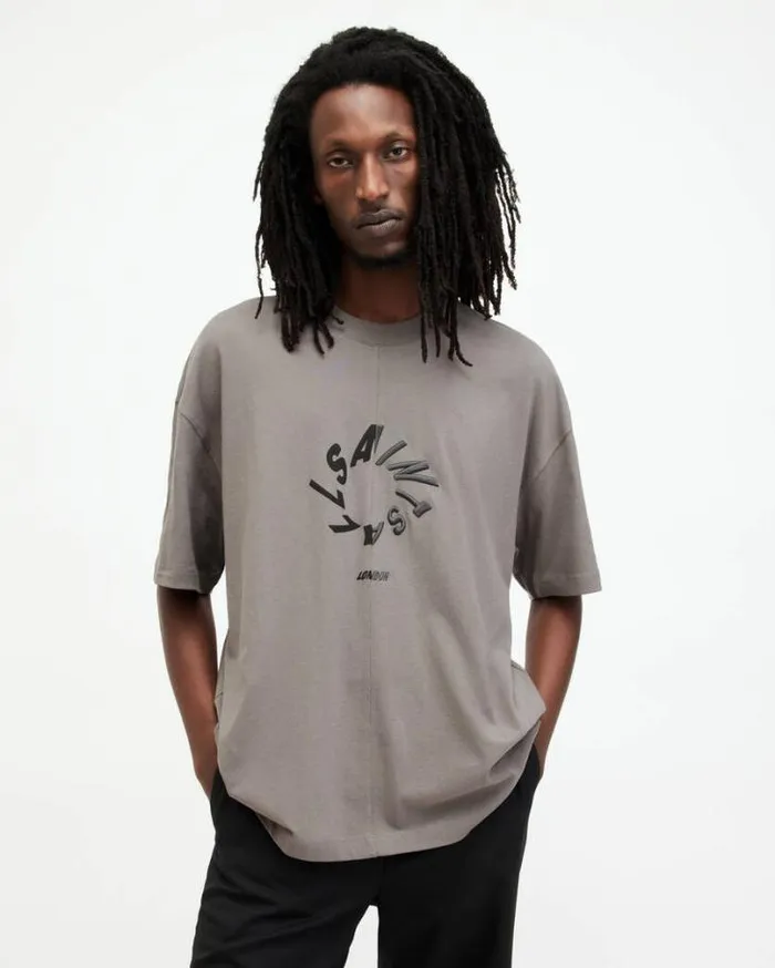 Halo Oversized Logo Crew Neck TShirt Ash Grey Men AllSaints TShirts