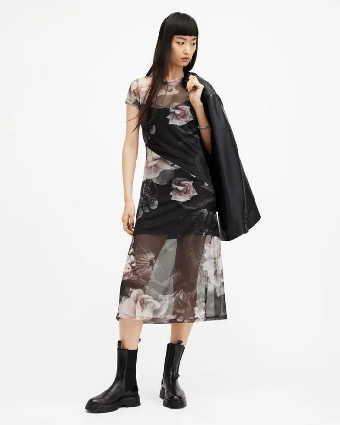 Hanna Valley Printed Mesh Midi Dress Black Mono Women AllSaints Dresses