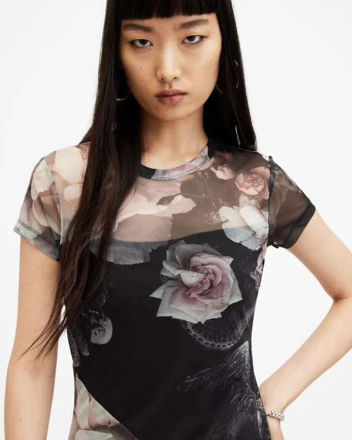 Hanna Valley Printed Mesh Midi Dress Black Mono Women AllSaints Dresses
